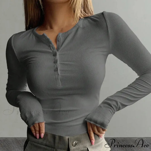 Autumn Spring Buttoned Long Sleeve Fitted Knitted Top Dark Gray / S knittop-250126