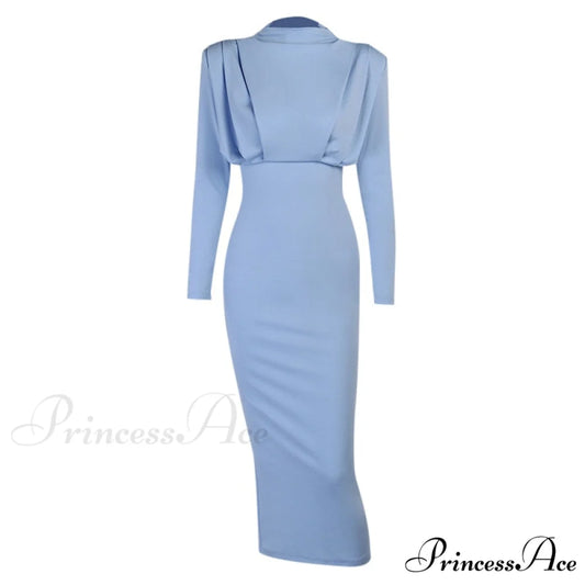 Autumn Stand Slim Party Waist Blue Arm Long Women’s Neckline InstaHot Ankle Solid Elegant Length Dress Blue / S