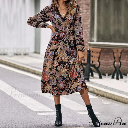 Autumn Sweet Fresh Bohemian Long Sleeve Floral Boho Dress Black / XS