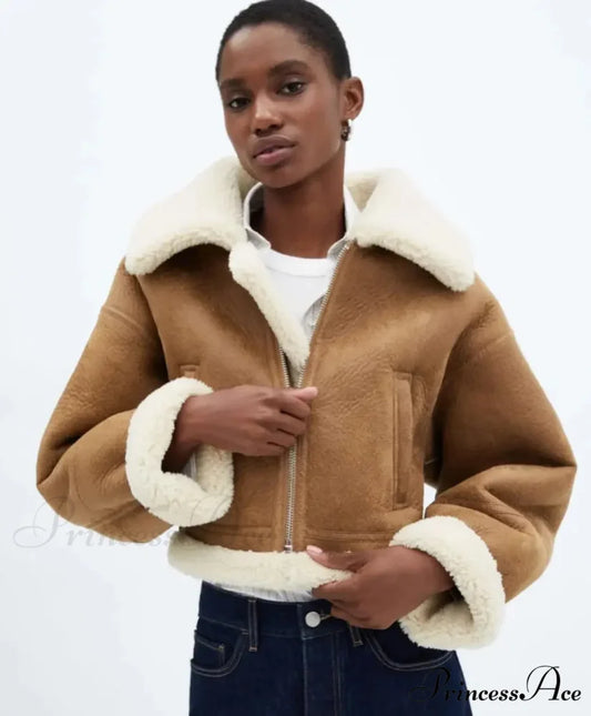 Autumn Vintage Faux Leather Cropped Warm Lapel Fleece Long Sleeve Stylish Coat Camel / S