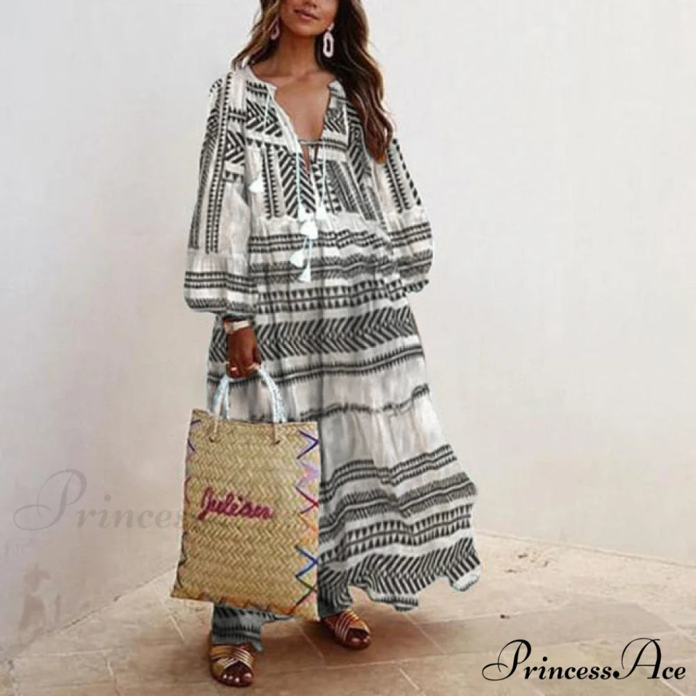 Autumn Vintage Long Lantern Sleeve Ladies Dresses gray / S
