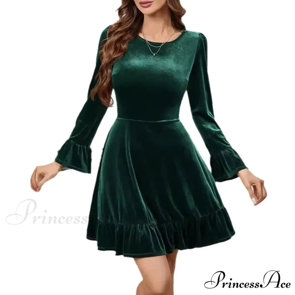 Autumn Winter A-Line Ruffles Elegant Party Golden Velvet Mini Nightdress Christmas Party Dress