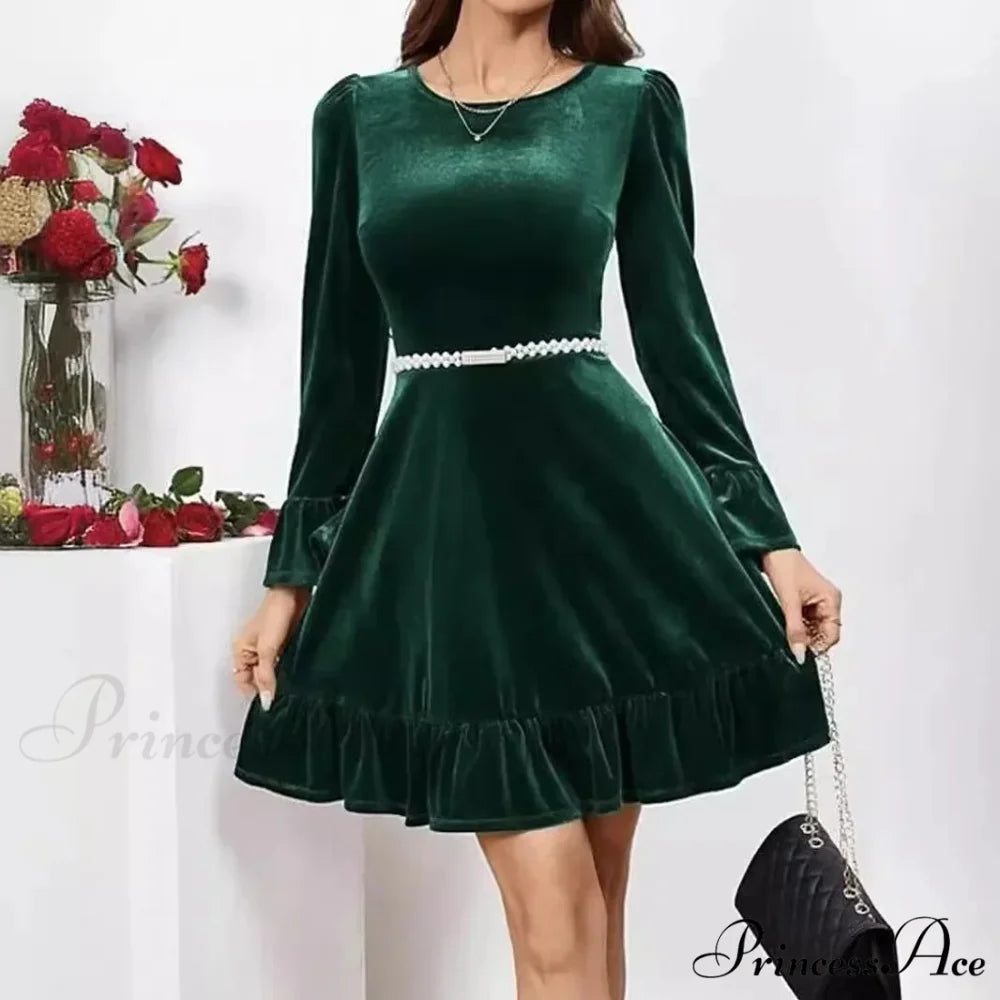 Autumn Winter A-Line Ruffles Elegant Party Golden Velvet Mini Nightdress Christmas Party Dress