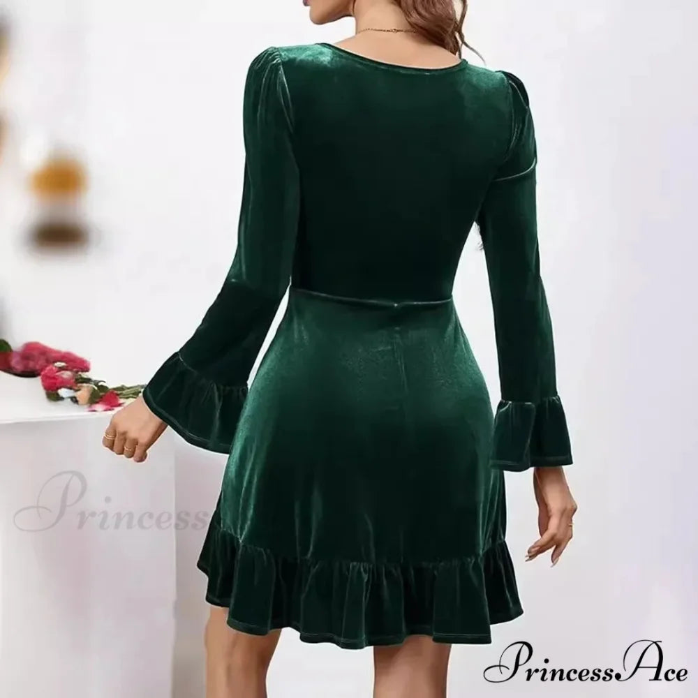 Autumn Winter A-Line Ruffles Elegant Party Golden Velvet Mini Nightdress Christmas Party Dress