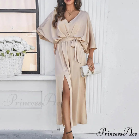 Autumn Winter Elegant Velvet Maxi Long Sleeve Pleated High Waist Female Casual Slim Fit Long Dress Beige / S