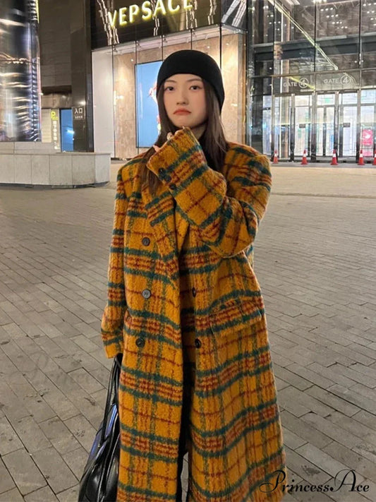 Autumn Winter Long Loose Retro Colorful Woolen Double Breasted Luxury Designer 2024 Stylish Coat BROWN / S