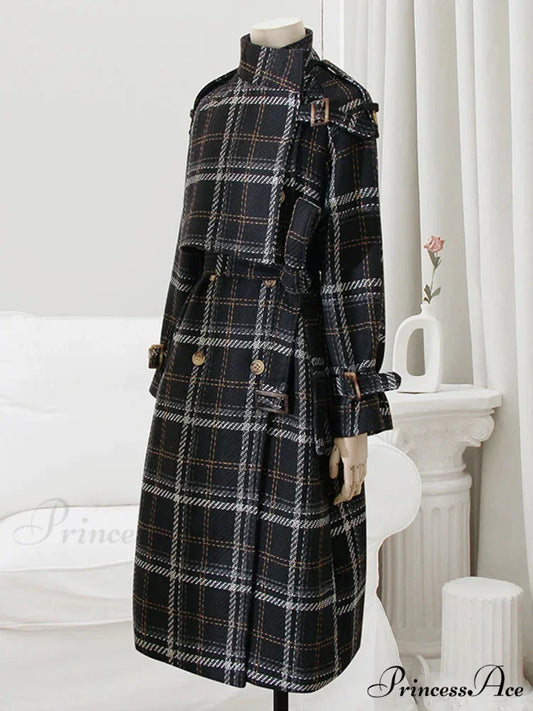 Autumn Winter Long Loose Warm Plaid Wool Blends Sleeve Belt Double Breasted Woolen Stylish Coat Black / S