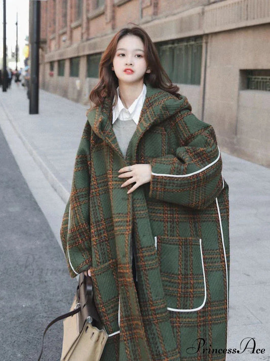 Autumn Winter Long Oversized Warm White Patchwork Wool Blends Hood Runway Korean Fashion Stylish Coat Green / S