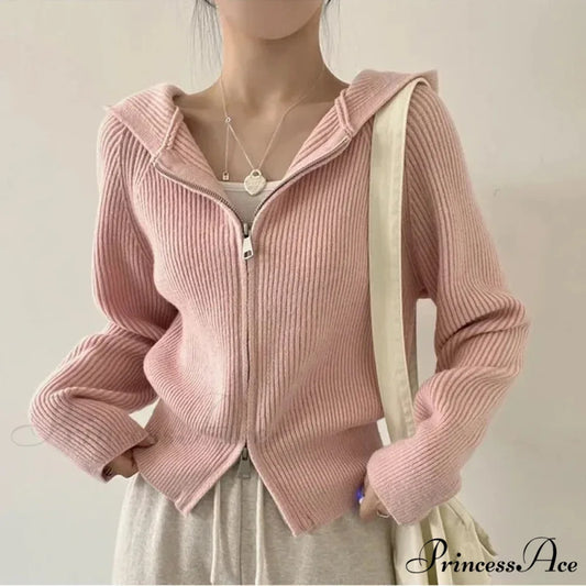 Autumn Winter Long Sleeve Short Loose Solid Knitted Zipper Cardigan PINK / One Size