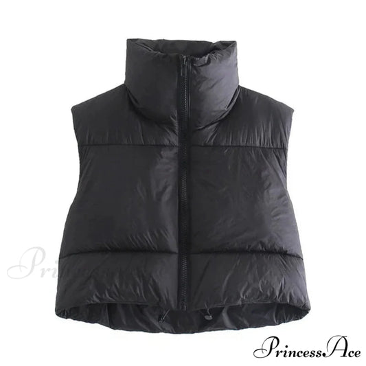 Autumn Winter Short Cotton Down Vest Stand-up Collar Warm Quilted Outdoor Travel Jacket Coat Black / S