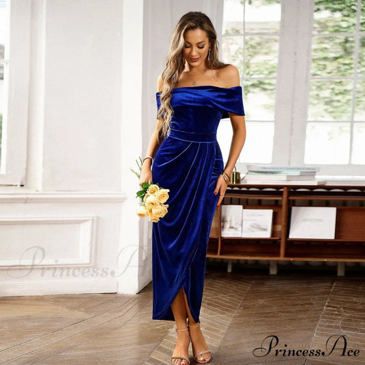 Autumn Winter Temperament Elegant Velvet One-Shoulder Dress Blue / S