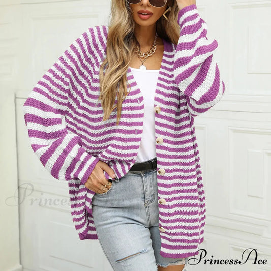 Autumn Winter Warm Casual Knitted Long Sleeve Cardigan Christmas Sweater Purple / S