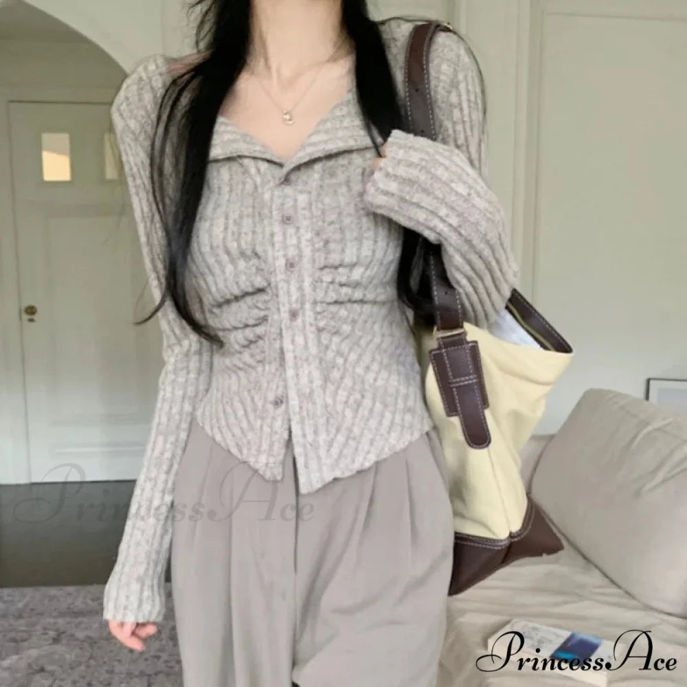 Autumn Y2k Knit V Lapel Long Sleeve Vintage Korean Cardigan GRAY / S
