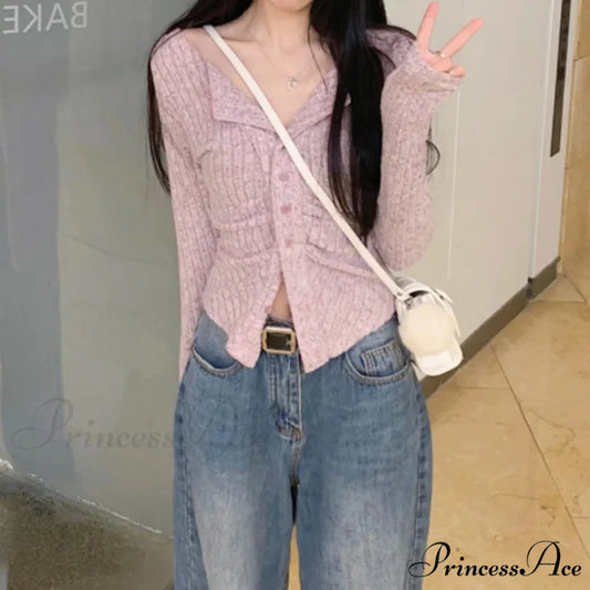 Autumn Y2k Knit V Lapel Long Sleeve Vintage Korean Cardigan PINK / S