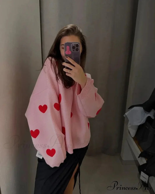 Autumnal Oversized Cozy Heart-printed Casual Comfortable Thickened Long Sleeve Warm Sweater PINK / S