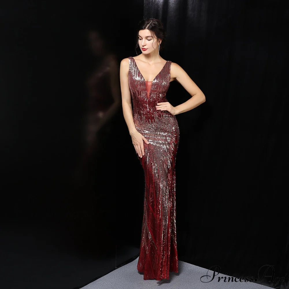 Ava Colorful Stylish Sequin Formal Dress BURGUNDY / XS