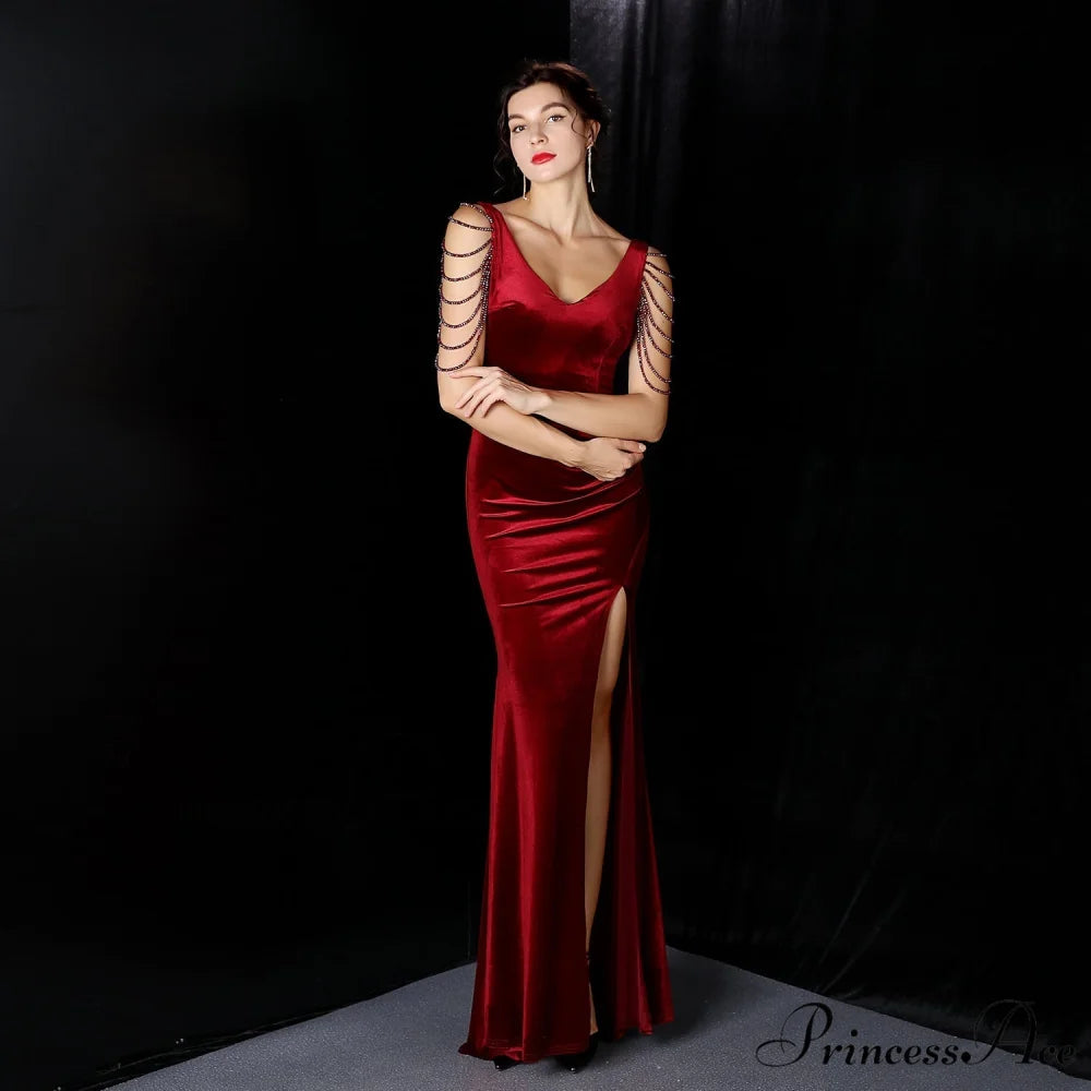 Avery Good Quality Charming Velvet Formal Dress BURGUNDY / XS