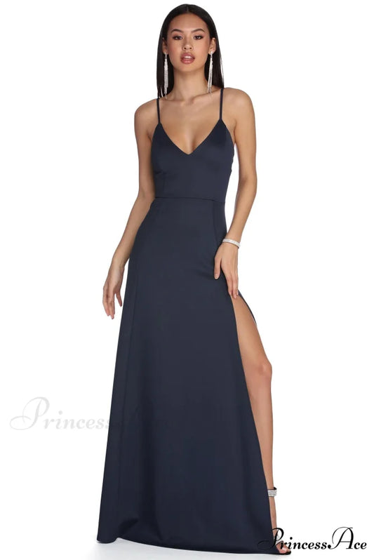 Avianna Formal Stylish High Slit Dress NAVY / S