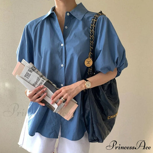 Azure Billowy Sleeve Relaxed Summer Blouse blouse-250126