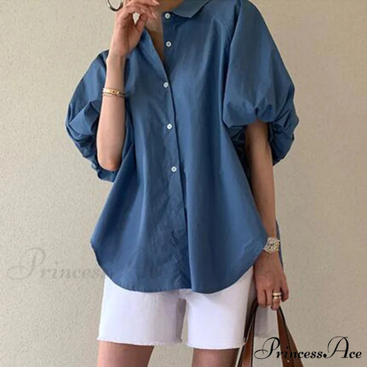 Azure Billowy Sleeve Relaxed Summer Blouse Blue / M blouse-250126