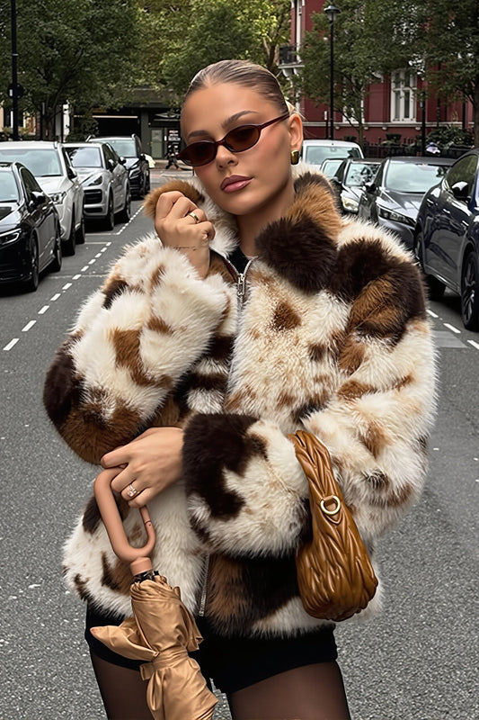Patchwork Spot Zip Faux Fur Coat