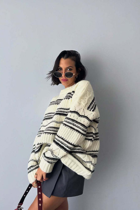 Thick Striped Knit Vintage Crew Neck Sweater