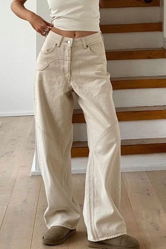Off White High Waist Loose Straight Jeans