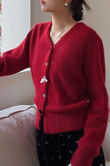 V Neck Bow Detail Button Christmas Cardigan