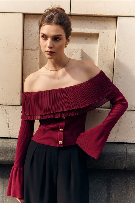 Paneled Ruched Buttoned Off-the-Shoulder Long Sleeve Tee