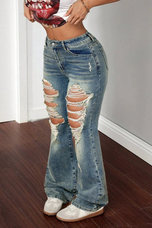 Low Rise Distressed Ripped Raw Hem Bootcut Jeans