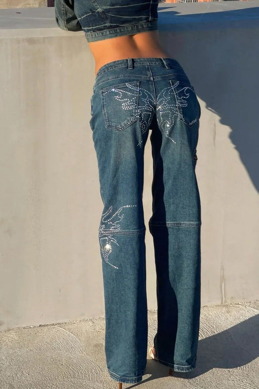 Low Rise Butterfly Rhinestone Jean