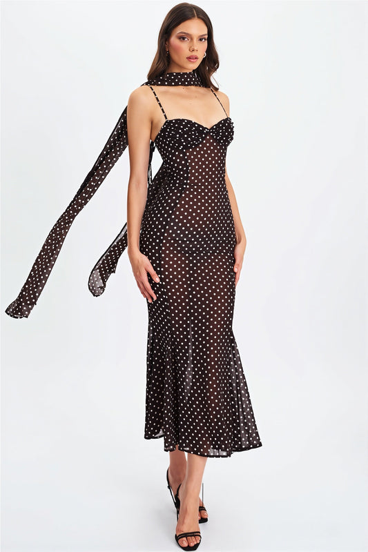 Polka Dot Ribbon Sheer Bodycon Maxi Dress