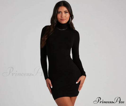 Back To Basics Charming Turtleneck Mini Dress BLACK / XS