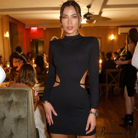 Backless Bandage Long Sleeve Black Mini Dress Black / S