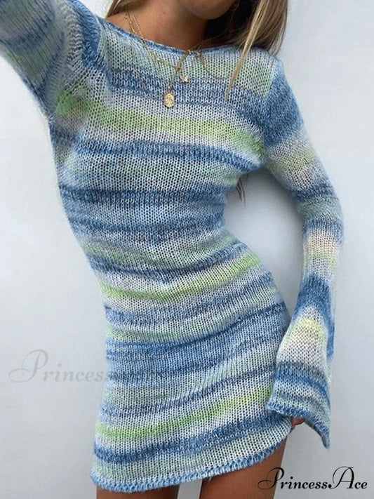 Backless Lace Paneled Trendy Slip Mini Dress Blue / S