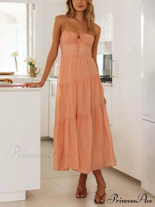 Backless Lace-Up Sleeveless Charming Patchwork Slip Dress Orange Red / S