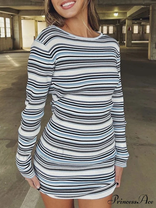 Backless Long Sleeve Trendy Striped Knit Mini Dress Blue / S