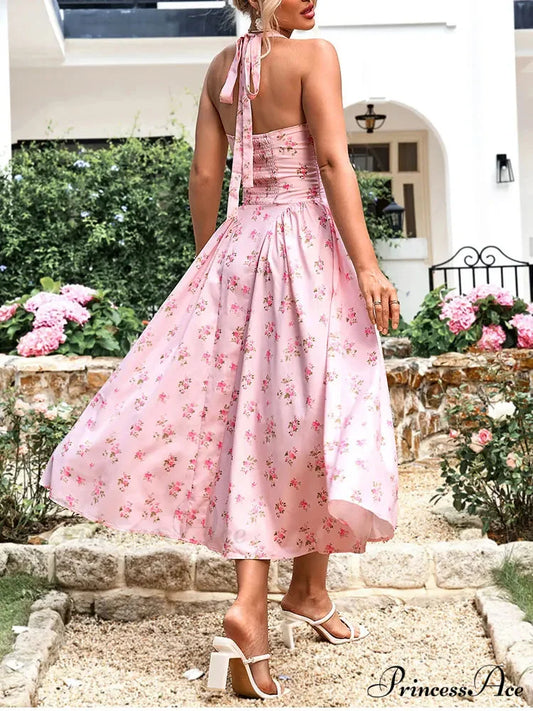 Backless Print Floral Pink Dress