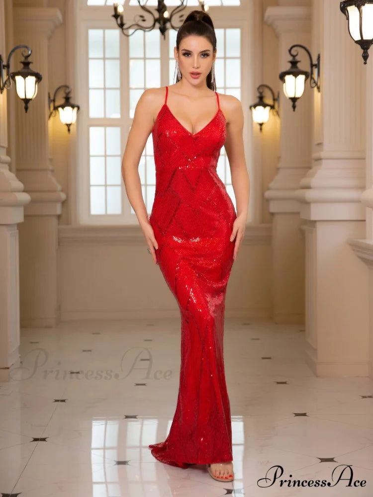Backless Sequined Mermaid Party Dress Red / XS