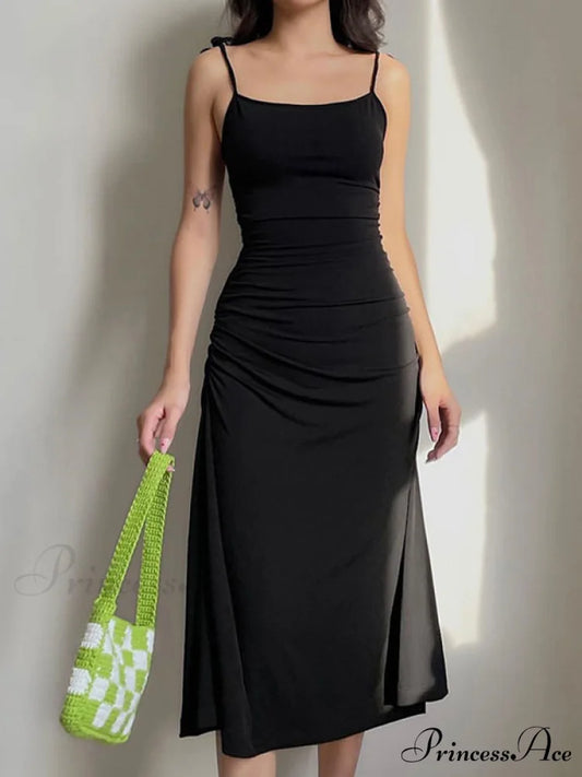 Backless Split One Trendy Shoulder Ribbed Maxi Dress Black / S