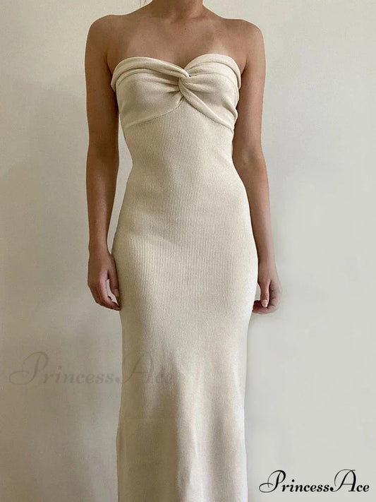 Backless Twist Knitted Fashion Outfits Maxi Dress apricot / S