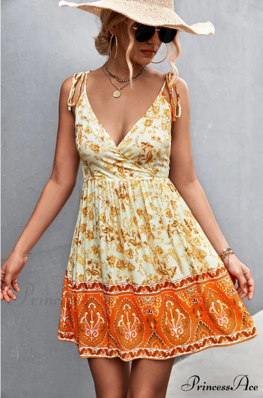 Backless V-Neck Sling Flower Dress S / yellow