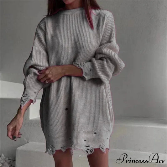 Baggy Firm Torn Circular Neck Sweater Gray / One Size swraters-241228