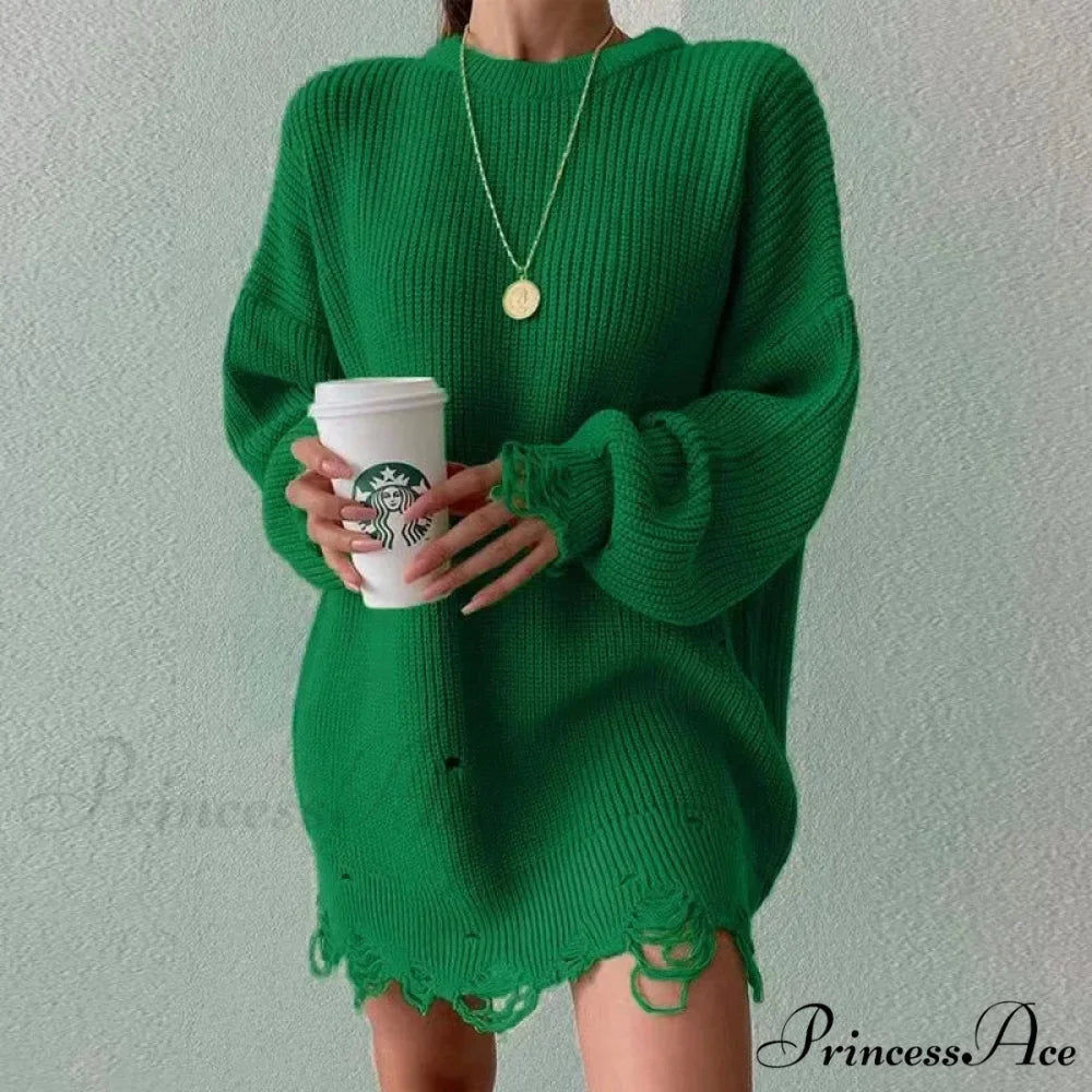 Baggy Firm Torn Circular Neck Sweater Green / One Size swraters-241228