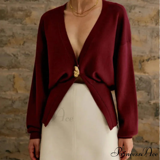 Baggy Hollow Out V-Neck Knit Cardigan Wine Red / S cardigans-241228