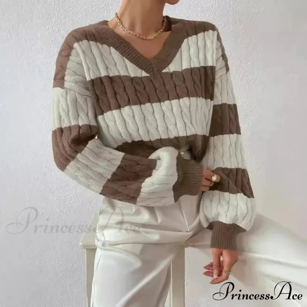 Baggy Knitted V-neck Retro Jumper swraters-241228