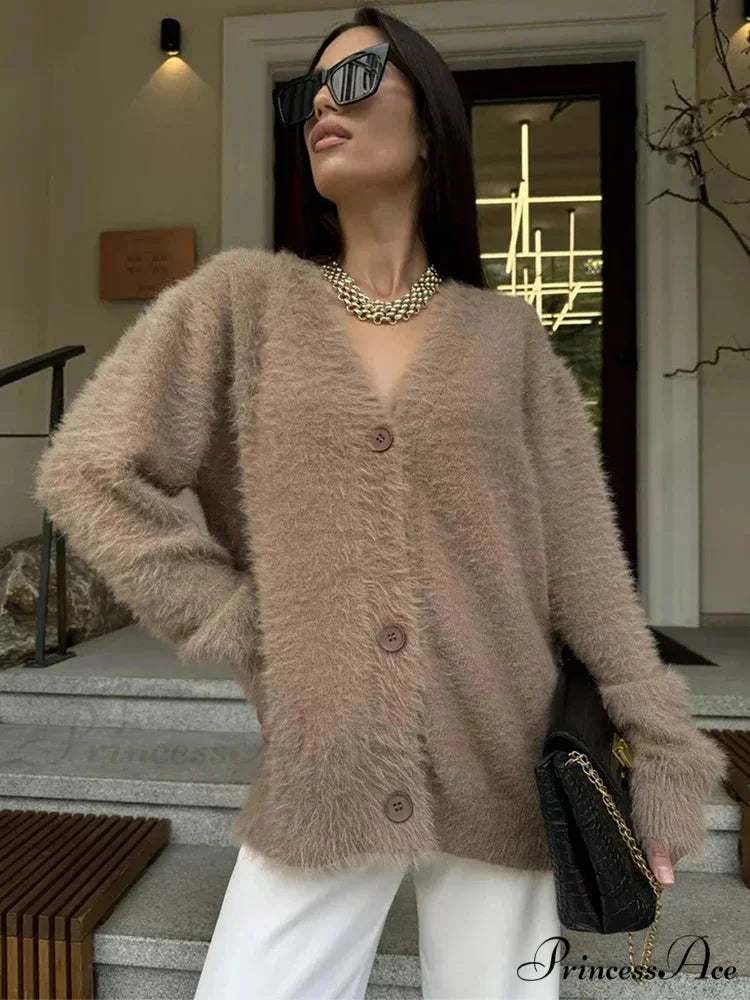 Baggy Off Shoulder V-neck Cardigan cardigans-241228