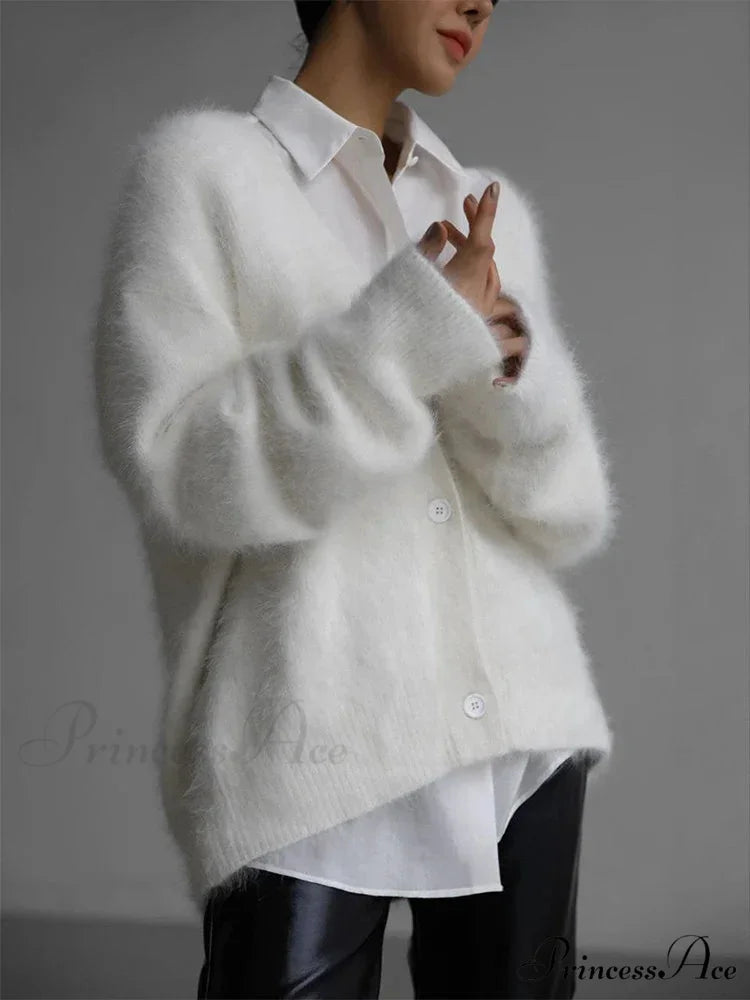 Baggy Off Shoulder V-neck Cardigan White / S cardigans-241228