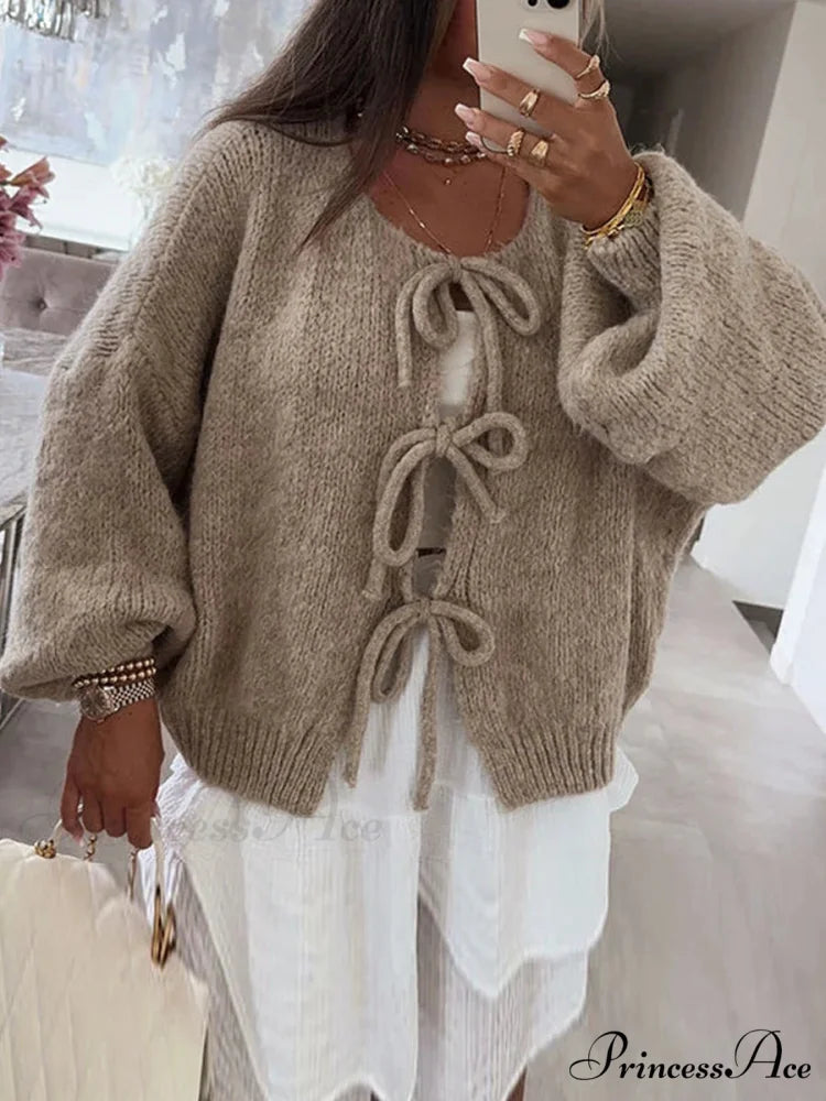 Baggy V-Neck Bind Front Knit Cardigan grey / S cardigans-241228