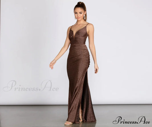 Bali Lurex Deep Charming V Ruched Dress BRONZE / S